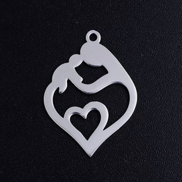 Stainless Steel Mother and Child Charm / Pendant - 7/8" Tall - Non Tarnishing, Hypoallergenic