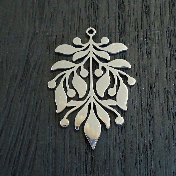 Stainless Steel Large Leaf Pendant Focal, 1 3/8" Long, Silver, Laser-cut