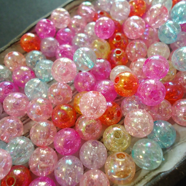 8mm Crackle Beads, Acrylic Round Beads, 40g, Bright Pastel Color Mix, Pink Yellow, Red, Orange, Blue