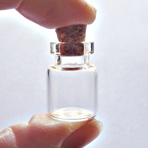 May include: A small, clear glass bottle with a cork stopper. The bottle is about 2 inches tall and is held in a hand.