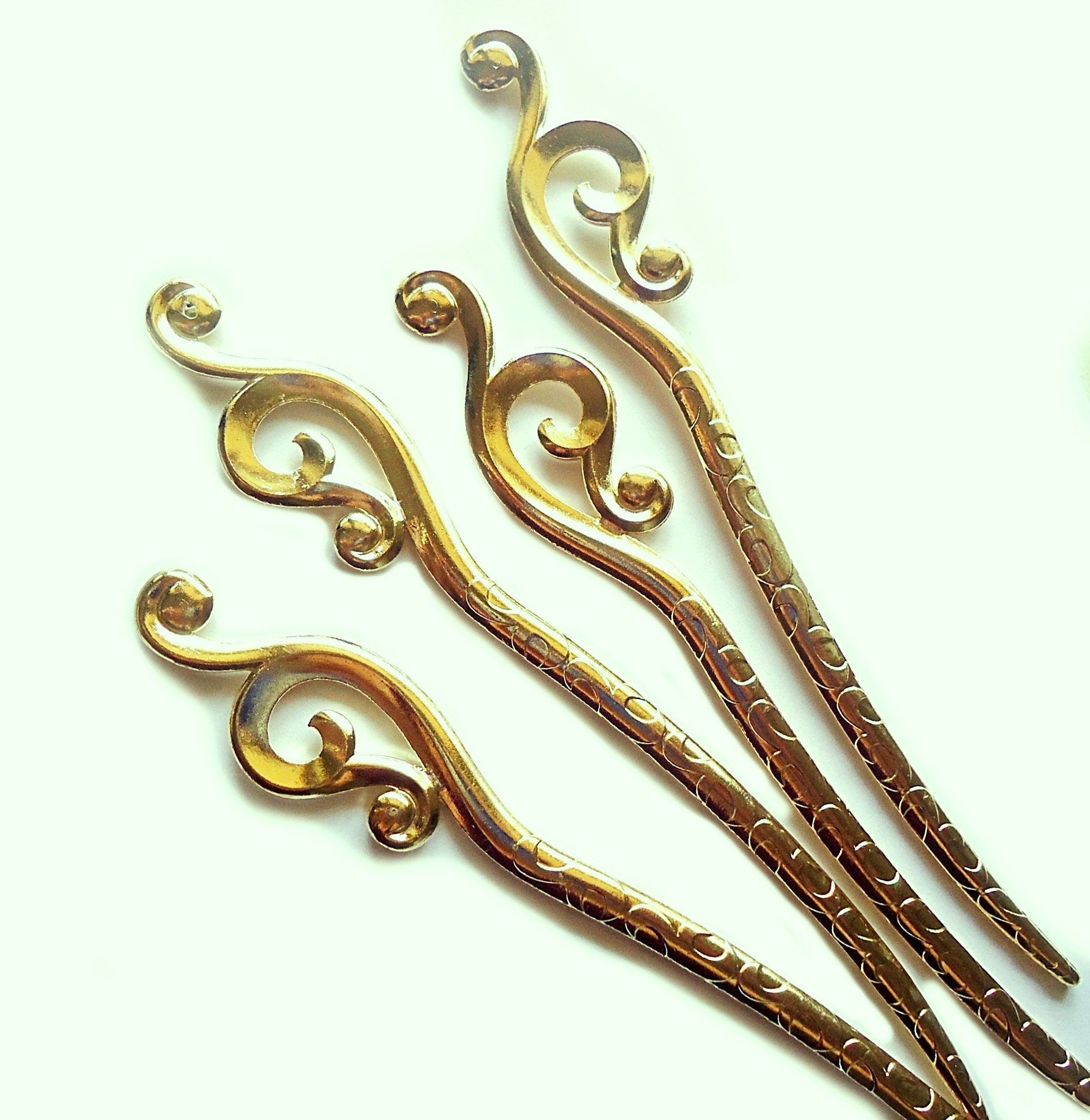 Metal Hair Sticks with Large Swirls - Shiny Gold - 6.25" Long