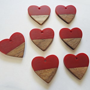 Heart Pendants, Resin and Wood, Deep Red and Walnut, 1&quot; Wide