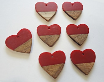 Heart Pendants, Resin and Wood, Deep Red and Walnut, 1" Wide