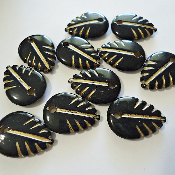 Acrylic Black Leaf Beads with Gold Enlaced Details, 20mm Tall, Set of 20