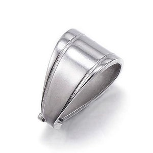 May include: Silver-toned metal pendant bail with a smooth, rounded surface and a slightly angled design.