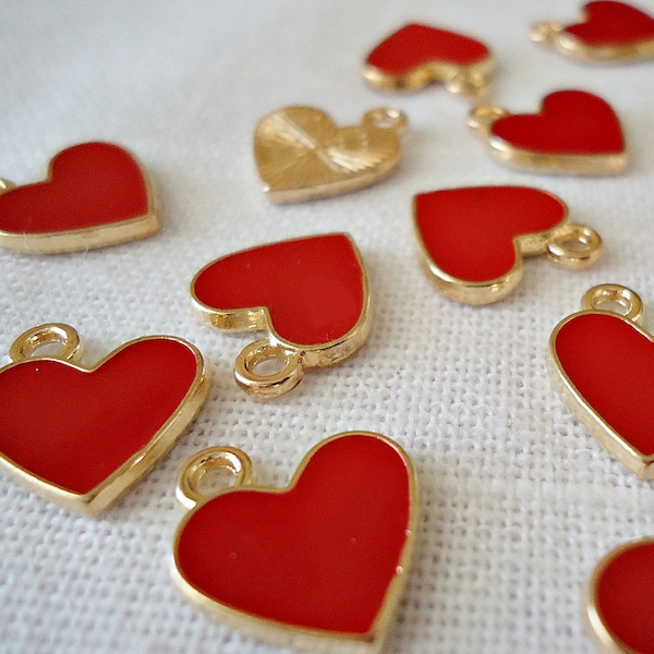 Small Red Heart Charms, Red Enameled and Light Gold, 1/2" Wide, Set of 10