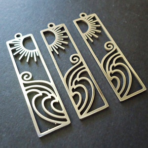 Stainless Steel Sun and Waves Rectangular Pendant - 1.6 inches Tall
