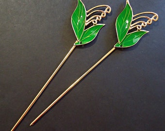 Hair Stick, Shawl Pin, Gold Plated and Green Enameled Leaves, 6.5" Long, Hair Pin Blank