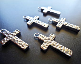 Stainless Steel Hammered Cross Pendant / Charm - 1" x .5" - Set of 5