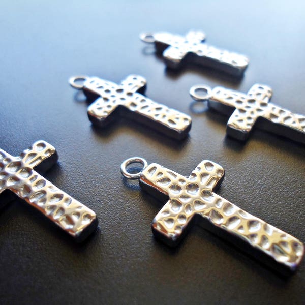 Stainless Steel Hammered Cross Pendant / Charm - 1" x .5" - Set of 5