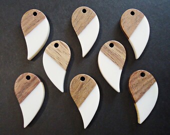 Opaque White Resin and Wood Pendants, Wing / Teardrop Shape, 1" Long, Set of 6