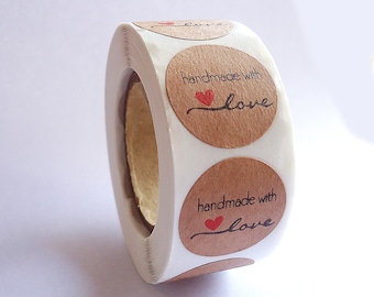 500 Stickers, 'handmade with love', Dark Kraft Brown, 1 inch Wide, Packaging, Labels