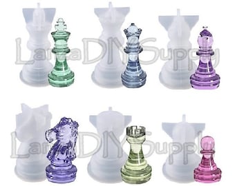 Silicone Mold Chess Pieces, 6 Piece Set, 3D, Full Size, King Queen Rook Knight Bishop Pawn, for Epoxy Resin Crafts