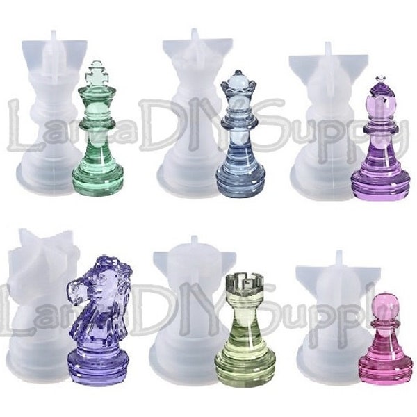 Silicone Mold Chess Pieces, 6 Piece Set, 3D, Full Size, King Queen Rook Knight Bishop Pawn, for Epoxy Resin Crafts