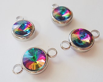 Stainless Steel and Cubic Zirconia (CZ) Pendants and Links, 10mm, Iridescent Multi-color Rainbow, Set of 6