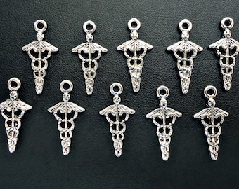 Silver Medical Caduceus Charms / Pendants - Set of 10 - Nurse Doctor Occupation