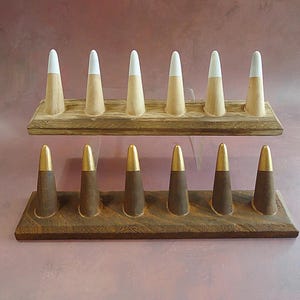 Wooden Ring Display, 6 Finger Ring Cones, 11&quot; Wide, Natural with White Tips, Dark Brown with Metallic Bronze Tips