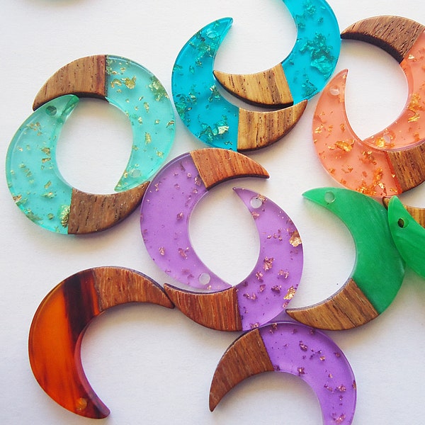 Walnut Wood & Resin Crescent Moon Pendants, 1 1/8" Tall, Opaque and Translucent Gold Flakes, Teal Blue Green Purple Peach Orange White