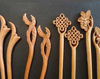 Seven Inch Sturdy Wooden Hair Sticks, Carved, Leaves, Flowers, Celtic Knots, Calla Lilies, Light Color Wood