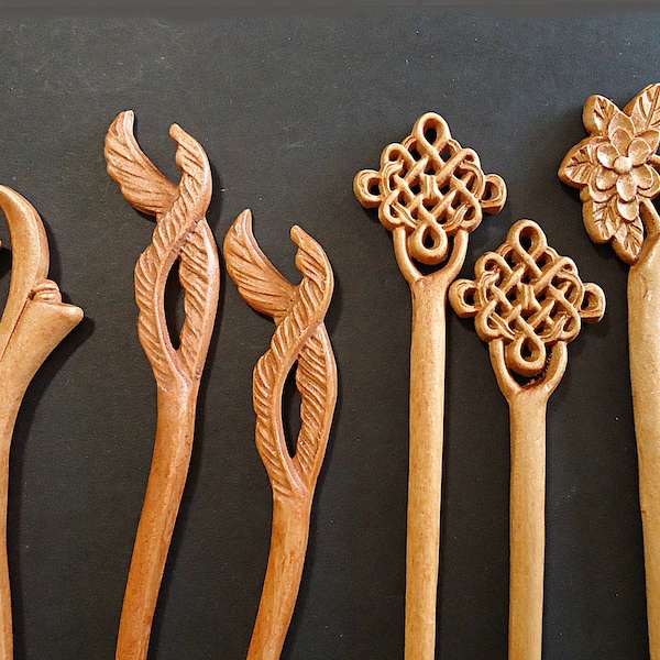 Seven Inch Sturdy Wooden Hair Sticks, Carved, Leaves, Flowers, Celtic Knots, Calla Lilies, Light Color Wood