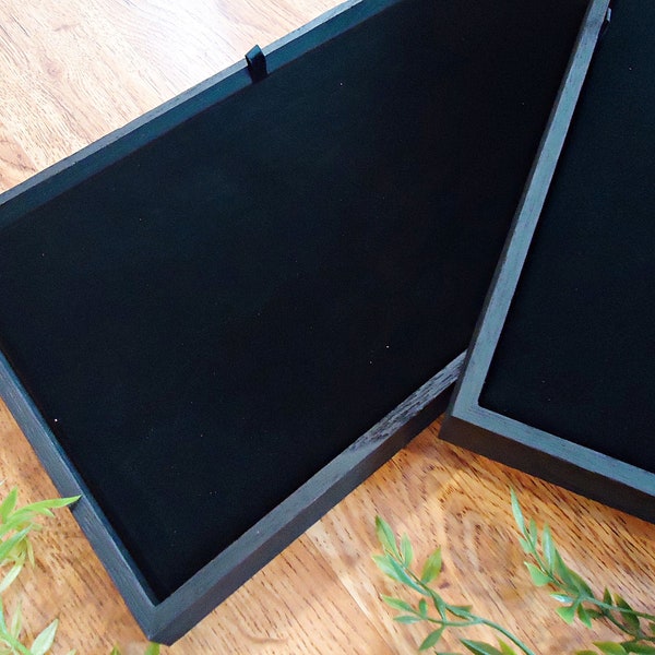 2 Wooden Display Trays with Black Velour Pads, Stackable, 14 7/8" x 8 1/4", Brown, Black, or Weathered Brown