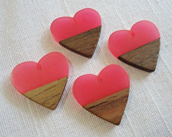 Heart Pendants, Resin and Wood, Bright Pink and Walnut, 1" Wide