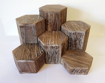 Individual Wooden Hexagon Risers, Weathered Brown, 3.5" Across, 1" - 6" Heights
