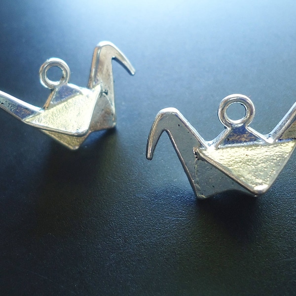 Metal Origami Paper Crane Pendants - 3D - Silver