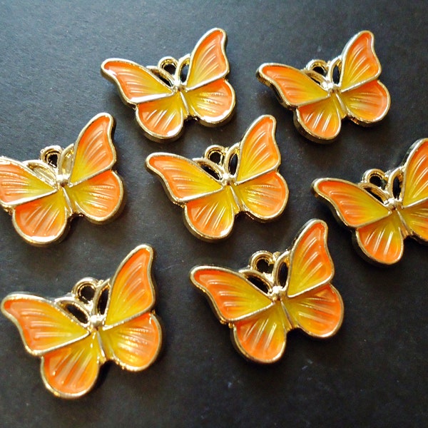 Butterfly Charms / Pendants, Orange Yellow and Gold, Enameled, 20mm x 15mm