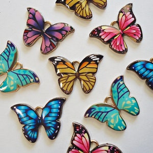 Butterfly Charms / Pendants, Blue, Pink, Yellow, Purple, Light Gold, Enameled, 7/8" W x 5/8" Tall