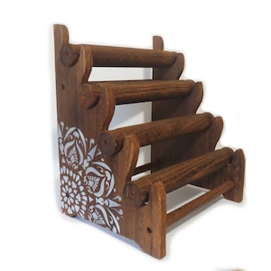 4 Tier Wooden Bracelet Display / Organizer, Natural, Brown, Black, and Weathered Brown, Removable Bars, Plain or Hand-Painted Mandala