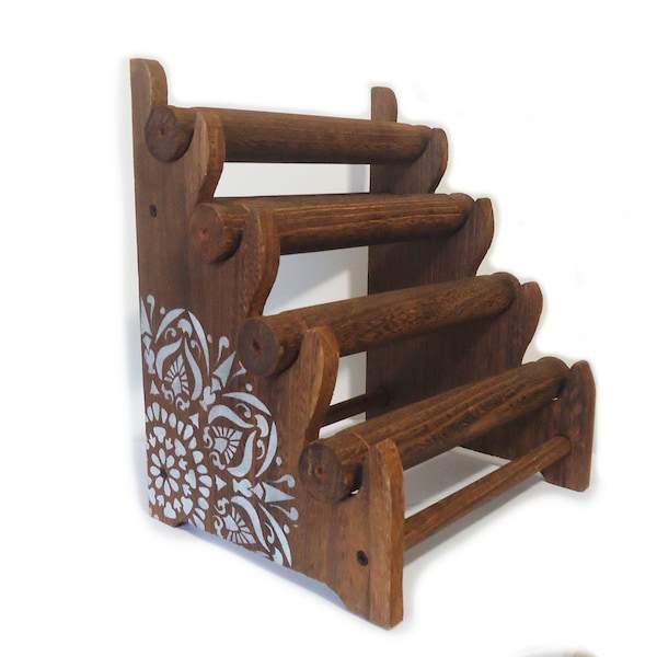 4 Tier Wooden Bracelet Display / Organizer, Natural, Brown, Black, and Weathered Brown, Removable Bars, Hand-Painted Mandala