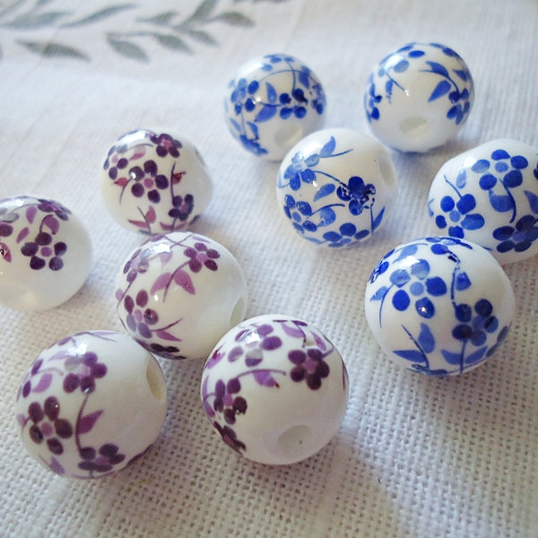 Porcelain Beads - 12mm Round - White Beads with Purple or Blue Flowers