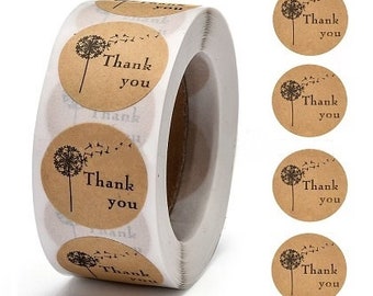 500 Stickers, 'Thank You' with Dandelions, Dark Kraft Brown, 1 inch Wide, Packaging, Labels