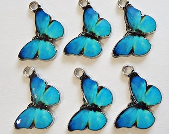 Butterfly Charms / Pendants, Blue and Silver, Enameled, 20mm x 13mm