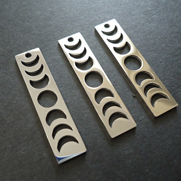 Stainless Steel Moon Phases Bar Pendant / Charm, 35mm Tall