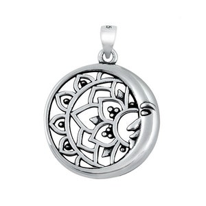 Sterling Silver Mandala Crescent Moon Pendant, Bali Style, 22mm Round, Soldered Bail