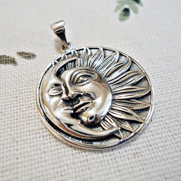 Large Sterling Silver Sun and Moon Pendant, Man in the Moon, 1" Wide
