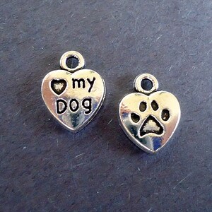 Small 'Love My Dog' Pawprint Heart Charms - Double Sided - Antique Silver