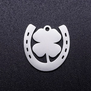 Stainless Steel Good Luck Charm Pendant - Horseshoe and Four Leaf Clover, Laser-cut - 17mm wide - Double Good Luck Symbols
