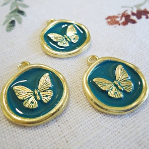 Gold Butterfly Pendant with Teal Enameling, Pendant Charm Turquoise Blue, 18mm