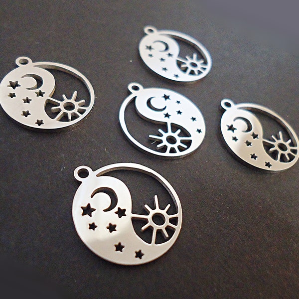 Stainless Steel Yin Yang Charm Pendant - Sun and Moon, Night and Day, Laser-cut - 15mm wide
