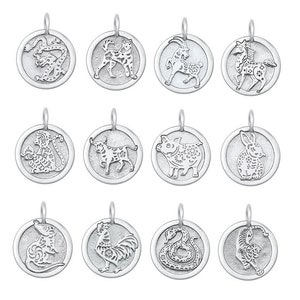 Zodiac Animal Pendants, Sterling Silver, 5/8&quot; Wide, Chinese Symbol on Back
