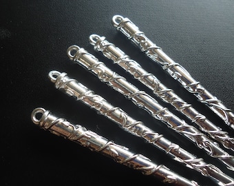 Metal Hair Sticks with Vine, Bright Silver, Antique Silver, or Antique Bronze with Loop, 5" Long