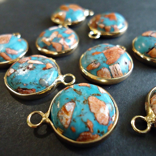 Imperial Jasper and Turquoise Pendants, Round, Gold Edging, Purple or Orange, 18mm Wide