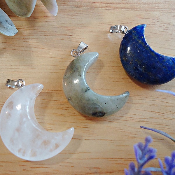 Stone Crescent Moon Pendants, Quartz, Labradorite, Lapis Lazuli, Unakite, Tiger Eye, 1 inch Tall