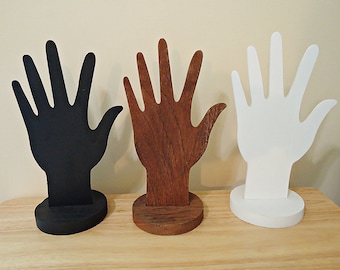 Wooden Hand Display for Rings and Bracelets, Brown, White, or Black