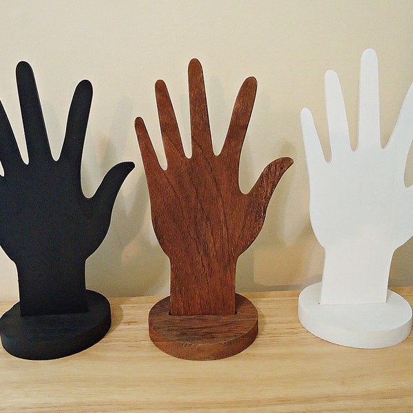 Wooden Hand Display for Rings and Bracelets, Brown, White, or Black