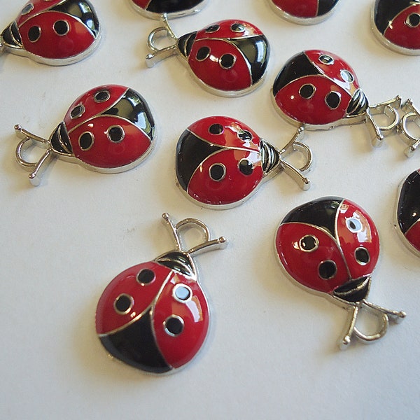 Ladybug Pendant Charms, Enameled, Red, Black, and Silver, 17mm Tall x 13mm Wide x 4mm Thick, Set of 10