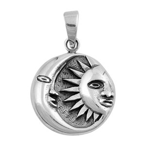 Sterling Silver Sun and Moon Pendant, Highly Detailed, 3/4&quot; Wide (22mm)